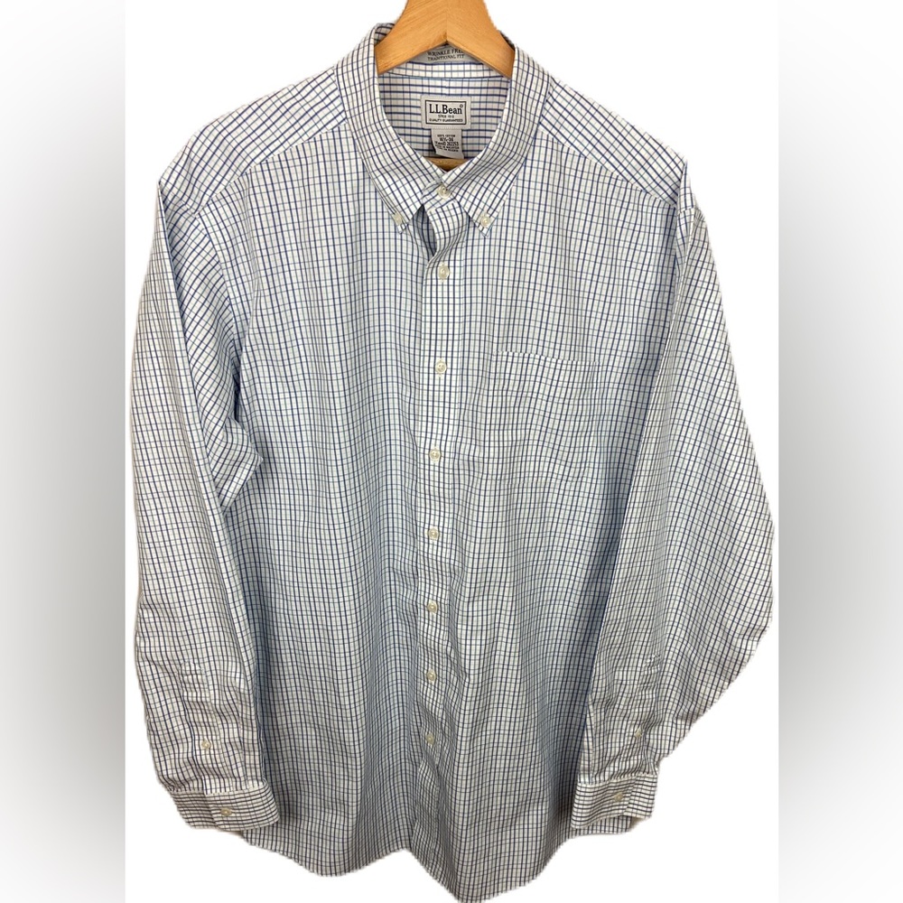 LL Bean Men’s 16.5 White Long Sleeve Button Down Dress Shirt with Blue Stripes